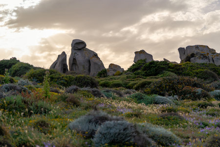 Sunset over the rock formations of Capriccioli in Sicilyの写真素材