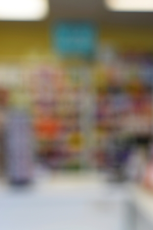 Blurred background of medical supplies in a pharmacyの写真素材