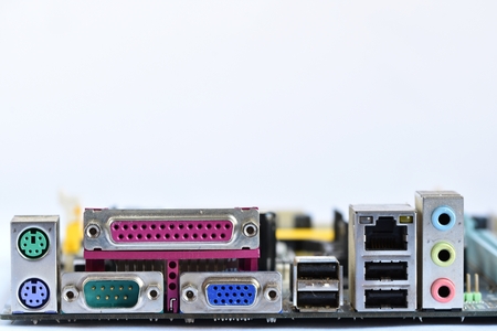 Rear view of connectors on a motherboard of a personal computerの写真素材