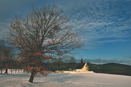 Winter landscape with a beautiful chapel near castle Veveri. Czech Republic city of Brno. The Chapel of the Mother of God.の写真素材