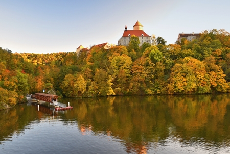 Beautiful Autumn Landscape with Veveri Castle. Natural colorful scenery with sunset. Brno dam-Czech Republic-Europe.のeditorial素材