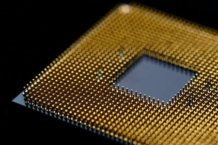 Processor to the computer. Concept for technology and computing. Detail of connectors. CPU Chip Processor for tech science background.の写真素材
