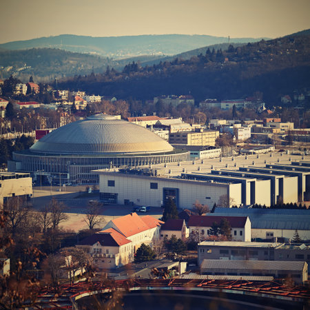 Czech republic, Brno Exhibitions Center BVV - (BVV Fairs) on the cityscape taken from the hill. Europe.の写真素材