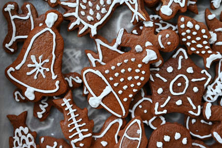 Christmas sweets. Beautiful hand decorated traditional Czech Christmas gingerbread cookies with...
