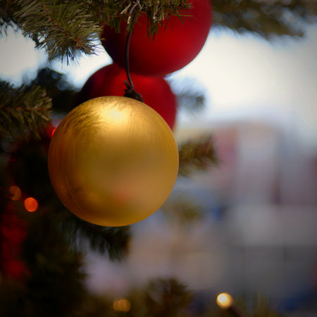 Christmas background. Beautiful decoration for the winter holidays and the Advent period. Decorated Christmas tree.の写真素材