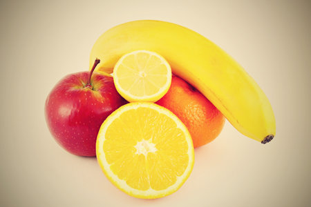 Fruits with filter effect retro vintage style. Healthy food concept.の写真素材
