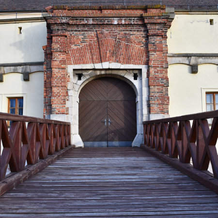 Wooden gate in the old town of Kaliningrad, Russiaの写真素材