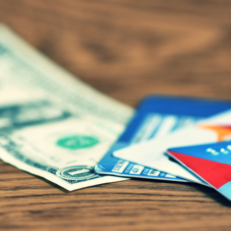 Credit cards and money on a wooden table. Selective focus.の写真素材