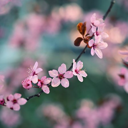 Spring time. Beautiful flowering tree. Spring in nature and colorful background. Japanese cherry -...