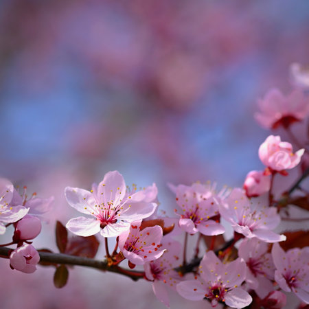 Spring time. Beautiful flowering Japanese cherry - Sakura. Colorful background with flowers and sun on a spring day.の写真素材