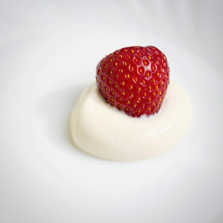 Strawberries. Healthy fresh summer fruit. Background with food. Yoghurt with fresh fruit.の写真素材