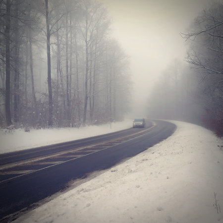 Cars in the fog. Bad winter weather and dangerous automobile traffic on the road. Light vehicles in foggy day.の写真素材