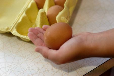 Close-up of a child's hand holding a brown egg.