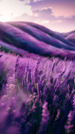 Beautiful landscape with lavender at sunset. Colorful nature with purple flower in Provence.の素材