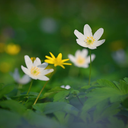 Beautiful little spring flower in the forest. (Anemonoides nemorosa) Spring time in natureの写真素材