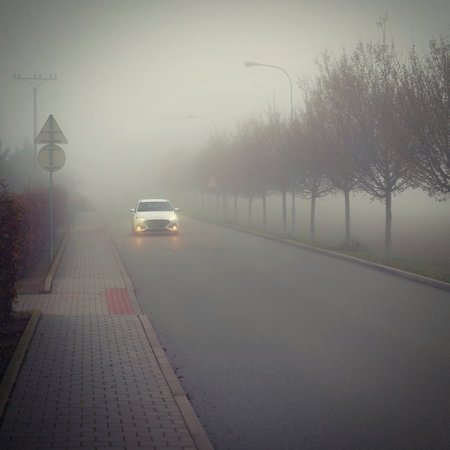 Bad weather driving - foggy hazy country road. Motorway - road traffic. Winter timeの写真素材