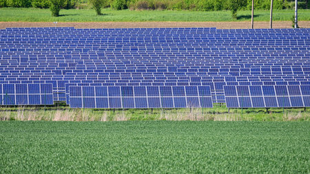 Solar cell technology. Solar panels on the sky background. Power plant. Alternative source of...