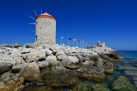 Rhodes windmills. Beautiful concept for travel and vacation in Greece.の写真素材