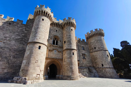 Beautiful old town of Rhodes on the Greek island of Rhodes. Beautiful historical architecture with castle, shops and cafes. Concept for travel and vacation.の写真素材