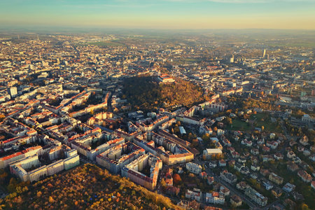 Brno city in the Czech Republic. Europe. Petrov - Cathedral of Saints Peter and Paul and Spilberk castle. Beautiful old architecture and a popular tourist destination. Photography of the city landscape in sunset.の写真素材