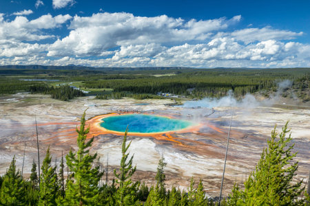 Grand Prismatic Spring on a wonderful summer evening in full color. Just an absolutly amazing place and one of the Natual Wonders of our Planetの写真素材