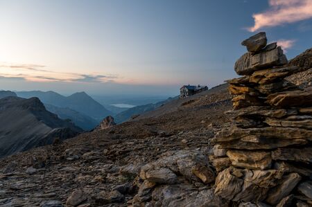 BlÃ¼emlisalphÃ¼tte SAC at sunset in summerの写真素材
