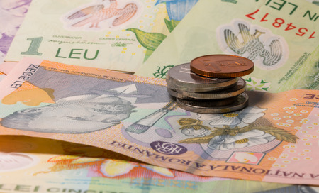 Different banknotes and coins of Romania moneyの写真素材