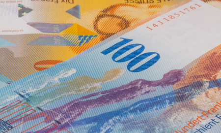 Swiss Currency Bank Notes.  Pile of 10, 100 CHFの写真素材