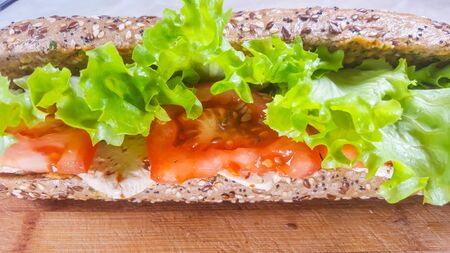 Healthy and tasty vegetarian sandwich with tofu, tomatoes and lettuceの写真素材