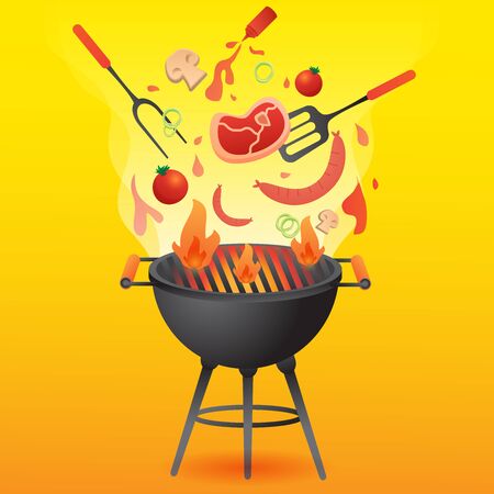 BBQ grill party with food flat style vector for card or invitation template  illustration.のイラスト素材