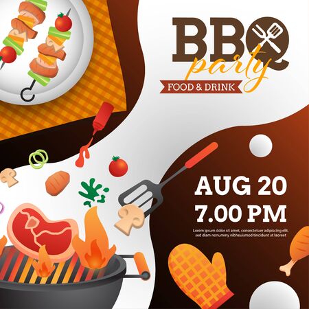 BBQ party invitation ,card or poster template with grill and food flyer vector flat style illustration.のイラスト素材