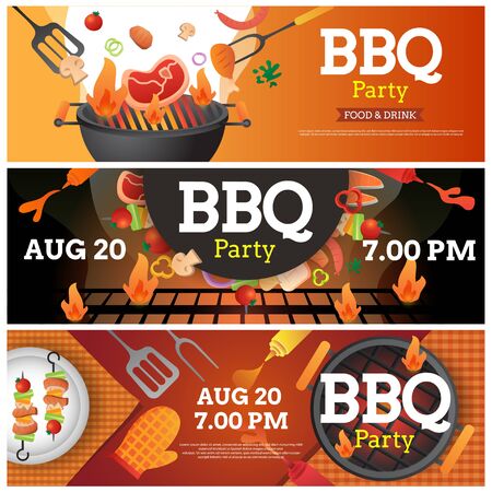 set banner of BBQ party invitation ,card or poster template with grill and food flyer vector flat style  illustration.のイラスト素材