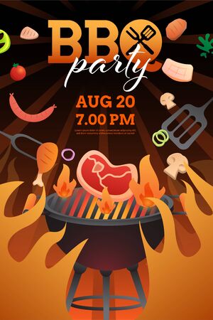 BBQ party invitation ,card or poster template with grill and food flyer vector flat style illustration.のイラスト素材