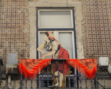 Dcorated balcony in Augusta street,  main pedestrian street in LIsbon, Portugalのeditorial素材