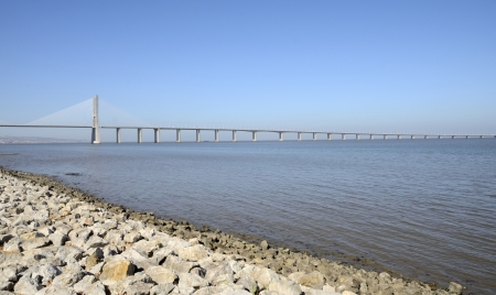The Vasco da Gama Bridge, the longest bridge in Europe. They are located in the Park of the Nations in Lisbon, Portugal.のeditorial素材
