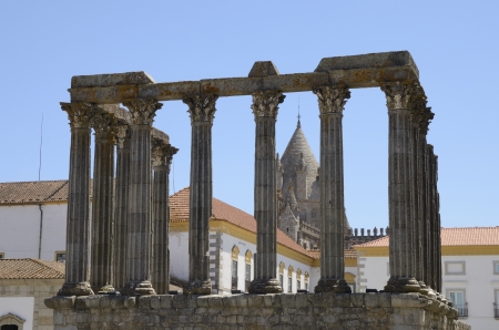 Old Roman temple in the historical center of historic of Evora, an ancient town of Portugal