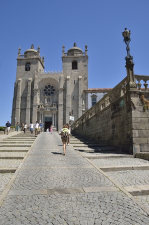 Facade of the Cathedral of Porto, Portugal. The building is one of the most important Romanesque monuments in Portugalのeditorial素材