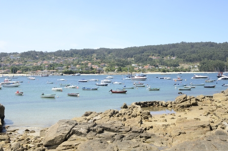 Boats at the sea in the fishing port of Aldan, in the province of Pontevedra, Galicia, Spain.