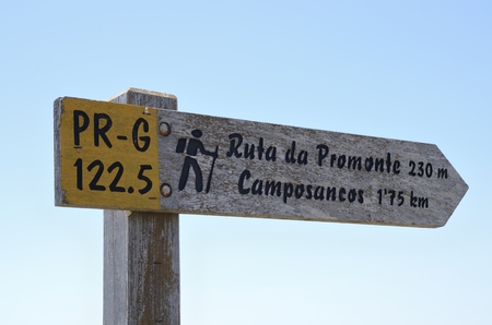 Arrow of  the way of Santiago de Compostela in the mountain of Santa Tecla  in Galicia, Spain.の写真素材