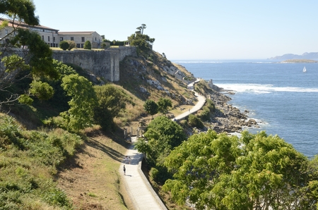 Promenade next to the fortress of Monterreal  in Ria of Vigo in Bayona, Galicia, Spain.のeditorial素材