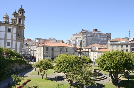 Church of the Pilgrim Virgin adn other buildings in plaza in the city of Pontevedra, Galicia, Spain.のeditorial素材