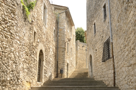 Stairs in cobblestone alley of the old town of Girona,  Catalonia, northeastern Spain.の写真素材