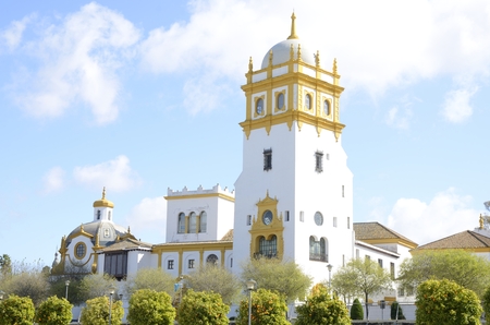 Line of orange trees and white pavilion in Park of  Seville, Andalusia, Spain.の写真素材