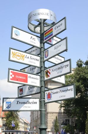 Kracow, Poland - July 27, 2018:  Cartel showing distances from Krakow to world cities in Krakow, Poland.のeditorial素材