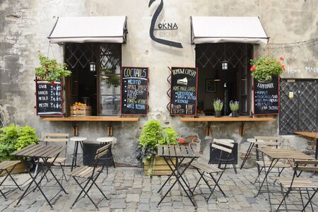 Krakow, Poland - July 27, 2018:   Nobody at exterior restaurant located in  the Jewish district of  Krakow, Poland.のeditorial素材