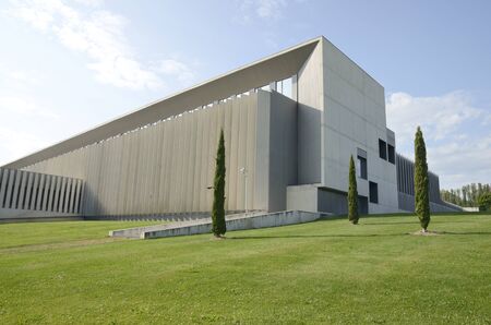 Pamplona, Spain - June 3, 2019: Modern white building on grass at University campus in Pamplona,  the capital of the Navarre Community, Spain.のeditorial素材