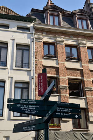 Brussels, Belgium - March 29, 2019: Signal cartel with tourist interest points in the old town of Brussels, Belgium.のeditorial素材