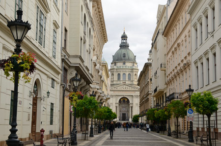 Budapest, Hungary - October 22, 2021: Saint Stephen Basilica at the end of a pedestrian central street in the old town of Pest side in Budapest, Hungary.のeditorial素材