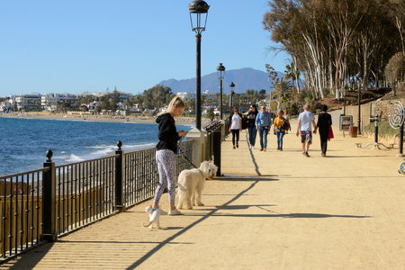 Marbella, Spain - December 12, 2021: People walking by the promenade on an autumn sunny day in Marbella, Andalusia, Spain.のeditorial素材