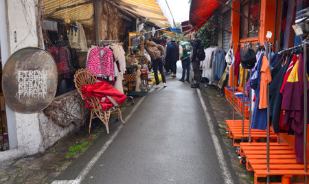 Paris, France - March 19, 2023: Street second hand stores at the famous flea Market in Paris, France.のeditorial素材